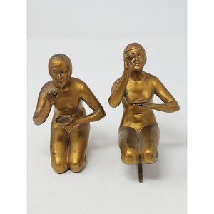 2 Vintage Bronze/Brass Nude Woman Kneeling Reaching Out Holding‎ Tray/Plate